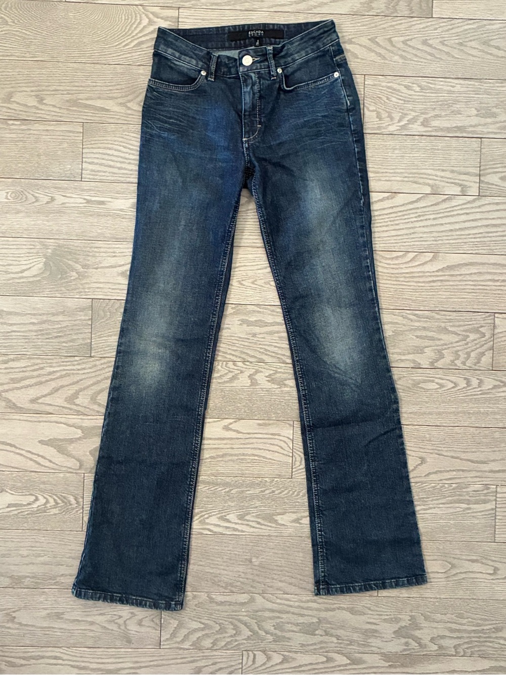 Escada Dark Blue Straight Leg Jeans with Embroidered and Blinged out Pockets